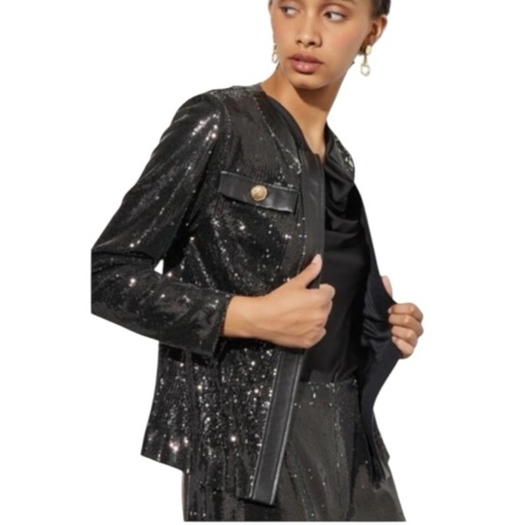 MING WANG Open Front Sequin Vegan Leather Jacket Black Size M NEW - Picture 5 of 12